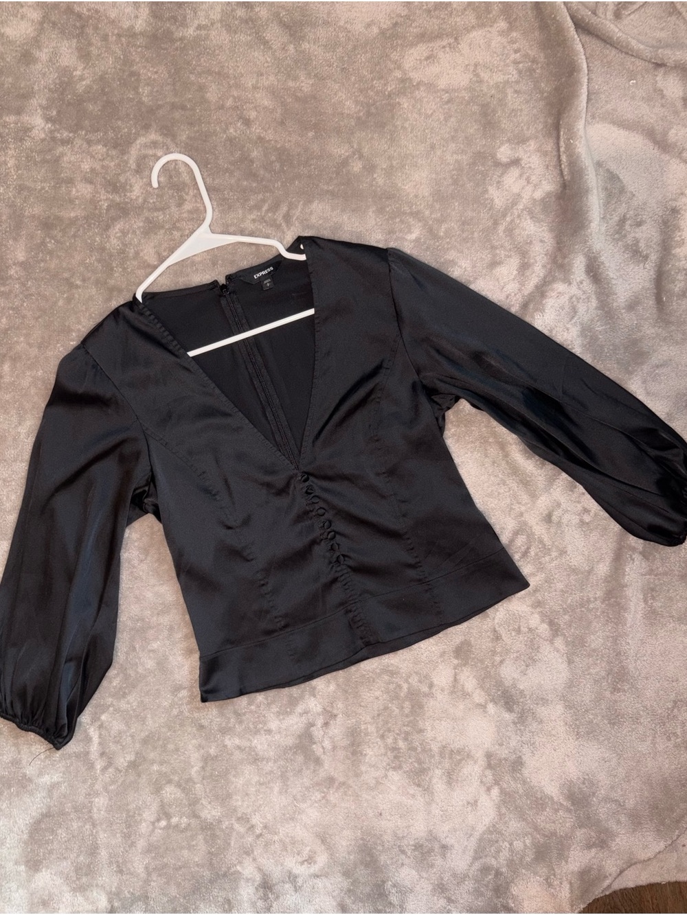 Express Black Satin V-Neck Button-Front Blouse